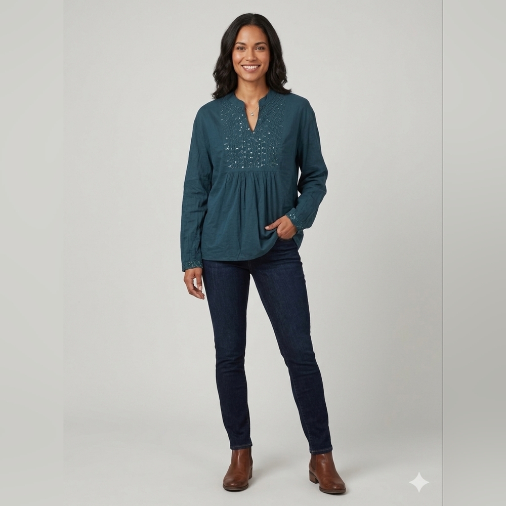 Embroidered V-Neck Peasant Blouse - Emerald Green